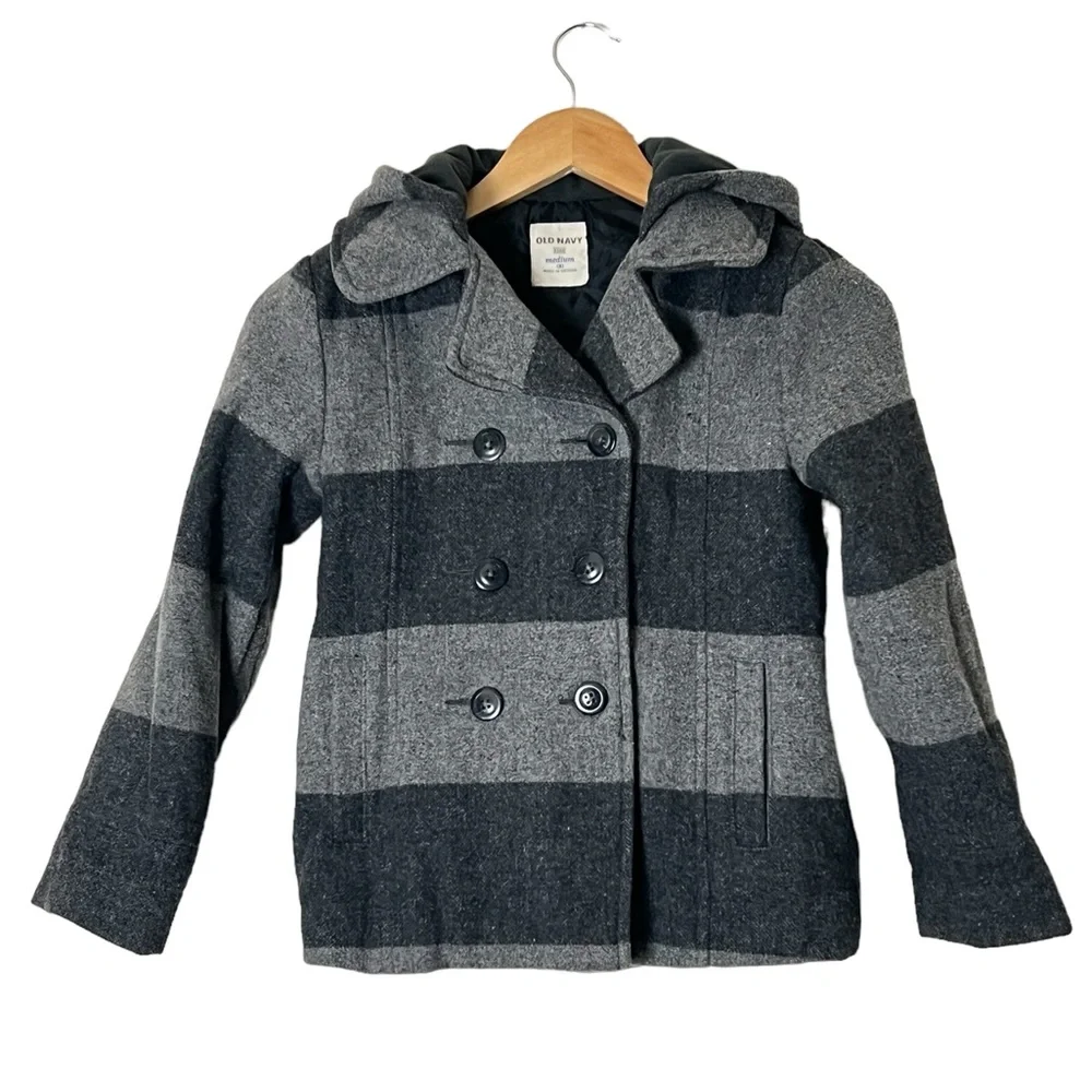 Old Navy | Wool blend gray plaid hooded double breasted pea coat girl’s …